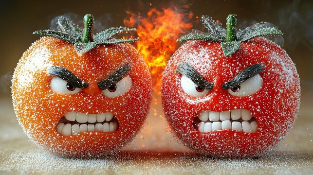 Angry sugar-coated tomatoes facing off