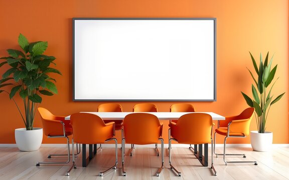 A modern conference room featuring bright orange chairs, a large blank screen, and a plant, creating a vibrant and inviting atmosphere. High quality