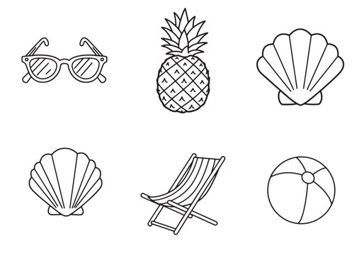 Summer vacation essentials collection black and white outlined graphic elements on white