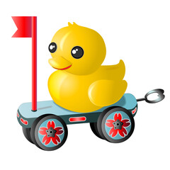 Duckling , children's toy yellow duck on a cart