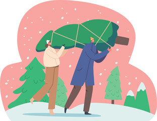 Family couple carrying fir tree
