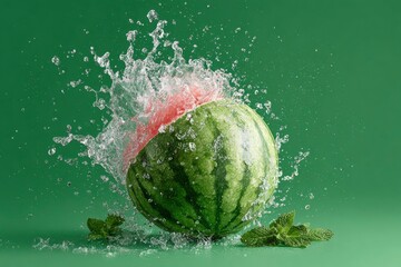 A watermelon sliced open with a splash is positioned in the center accented by water droplets and mint leaves all against a green backdrop