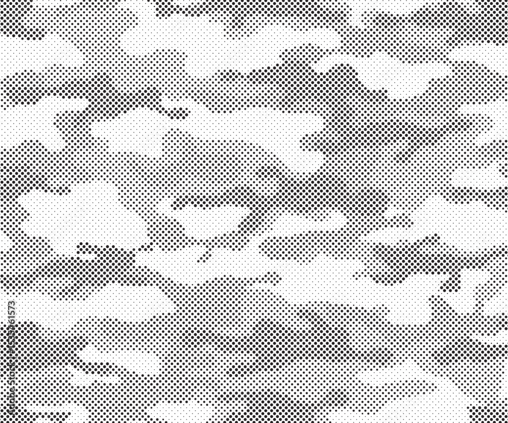 Poster Abstract halftone seamless camouflage pattern. Repeating digital dotted hexagonal camo military texture background. Abstract modern fabric textile ornament. Vector illustration.