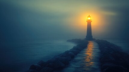 Lighthouse illuminating a path over uncharted waters, symbolizing guidance. --