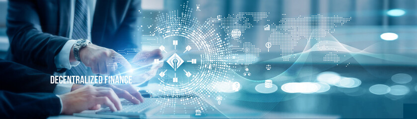 Business colleagues and analysis Decentralized Finance (DeFi) enable peer-to-peer financial services, smart contracts, transparency, accessibility, removal of intermediaries in the financial system.
