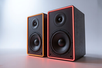 Pair of modern black studio speakers with neon accents