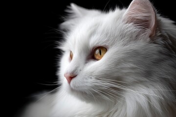 A white cat with amber eyes is photographed against a black background captured in a closeup sideprofile shot