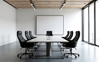 Modern minimalist meeting room with long table and black office chairs. High quality