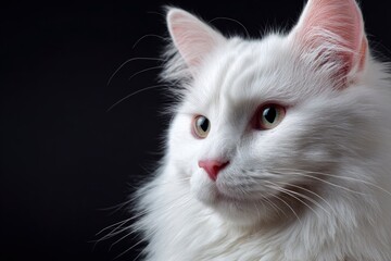A white cats portrait with a black background