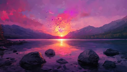 Printed kitchen splashbacks Vibrant sunset over tranquil lake, with mountains in the background.  A mystical, colorful sunrise, with vibrant hues reflected on the water