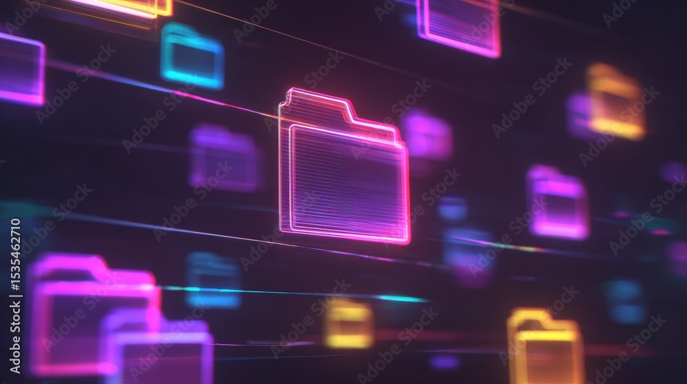 Poster abstract network grid with files and folders, futuristic software interface, digital document manage