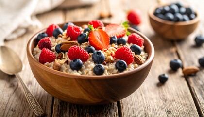 Rustic Oatmeal Breakfast Bowl with Fresh Berries, Nuts, and Seeds Served in a Ceramic Bowl on a Wooden Table &ndash; Healthy, Wholesome Morning Meal with Natural Light and Warm Tones