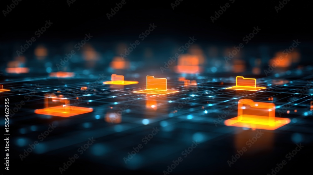 Poster abstract network grid with files and folders, futuristic software interface, digital document manage