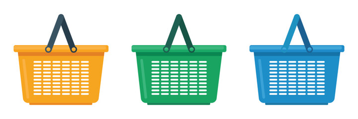 Three colored shopping baskets orange, green, and blue, representing retail, groceries, and e-commerce, ideal for conveying consumer purchasing