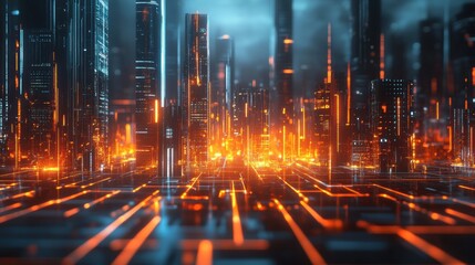 Futuristic cityscape with glowing orange lines and towering buildings. The scene evokes a sense of technological advancement and urban connectivity in a digital world.
