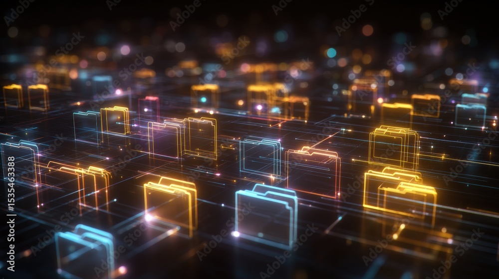 Poster abstract network grid with files and folders, futuristic software interface, digital document manage