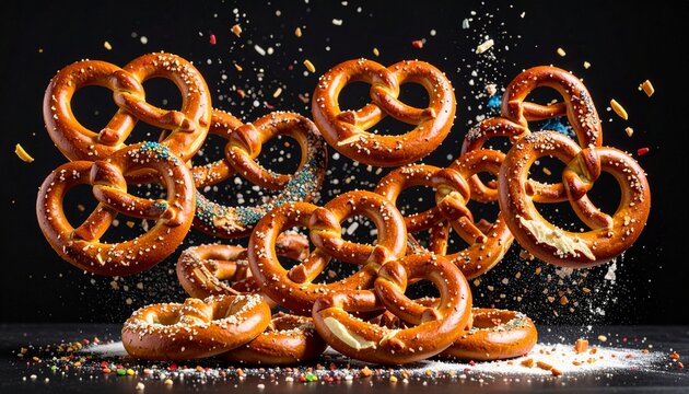 Colorful Pretzels in Motion with Flying Ingredients Against a Soft Pink Background &ndash; Vibrant Explosion of Flavors, Sprinkles, and Powdered Sugar in a Whimsical Display