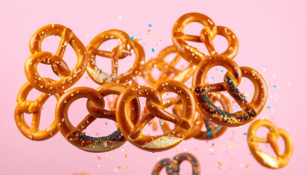 Colorful Pretzels in Motion with Flying Ingredients Against a Soft Pink Background &ndash; Vibrant Explosion of Flavors, Sprinkles, and Powdered Sugar in a Whimsical Display