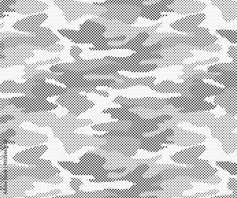 Poster Abstract halftone seamless camouflage pattern. Repeating digital dotted hexagonal camo military texture background. Abstract modern fabric textile ornament. Vector illustration.	