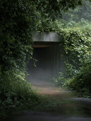 fog-drenched tunnel entrance in an overgrown park
