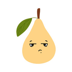 Pear kawaii flat illustration. Stylized vector character with smiling face, sad, cry and variant different expression face. 