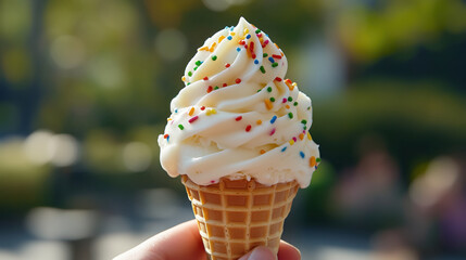 Vanilla soft serve ice cream in waffle cone with colorful sprinkles held outdoors in sunlight. Fun and cheerful summer dessert. Bright and sweet treat.