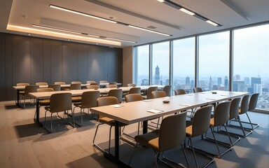 Modern meeting room with tables and chairs arranged in a conference layout. High quality