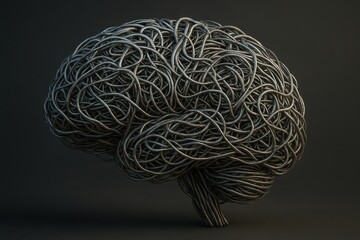 Intricate web of thoughts represented by a metallic brain sculpture intertwined with wires and cables