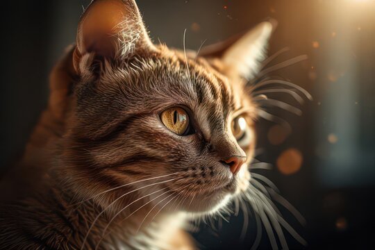Close-up portrait of an expressive ginger tabby cat with a focused gaze and amber eyes, illuminated by a soft glow, showcasing intricate details of its fur and whiskers - Powered by Adobe