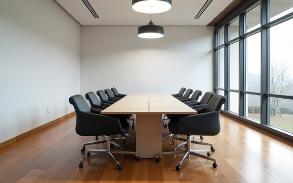 Modern conference room with long table and hardwood floor. High quality