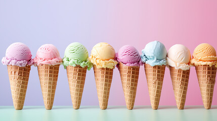 Row of colorful ice cream scoops in waffle cones against soft pastel gradient background.