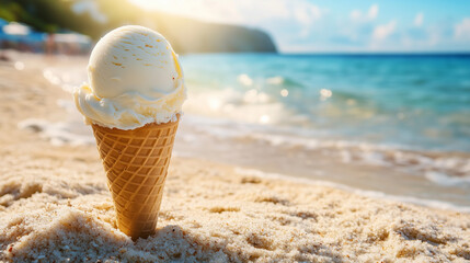 Delicious vanilla ice cream cone on sandy beach under the summer sun with the ocean in the background.