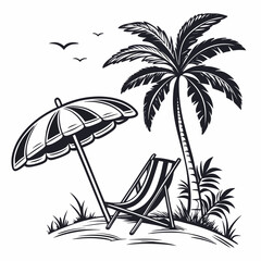 Stylized black line art of a beach umbrella, sun chair, and palm tree, clean summer vibes, 