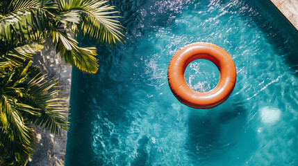 Orange inflatable ring floats on the sparkling blue water of a tropical swimming pool surrounded by palm trees.