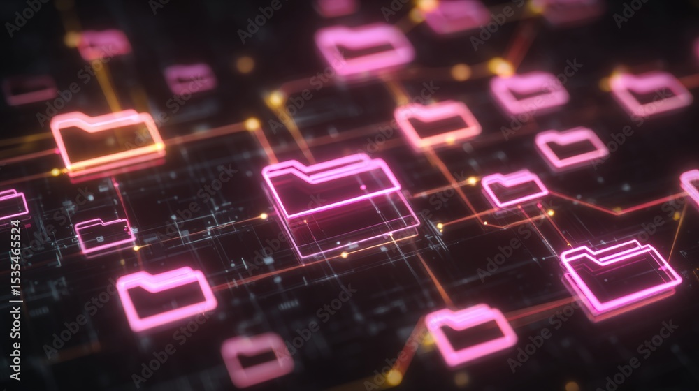 Poster abstract network grid with files and folders, futuristic software interface, digital document manage