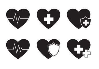 Healthcare and medical themed vector heart icons demonstrating health pulse and protection symbols