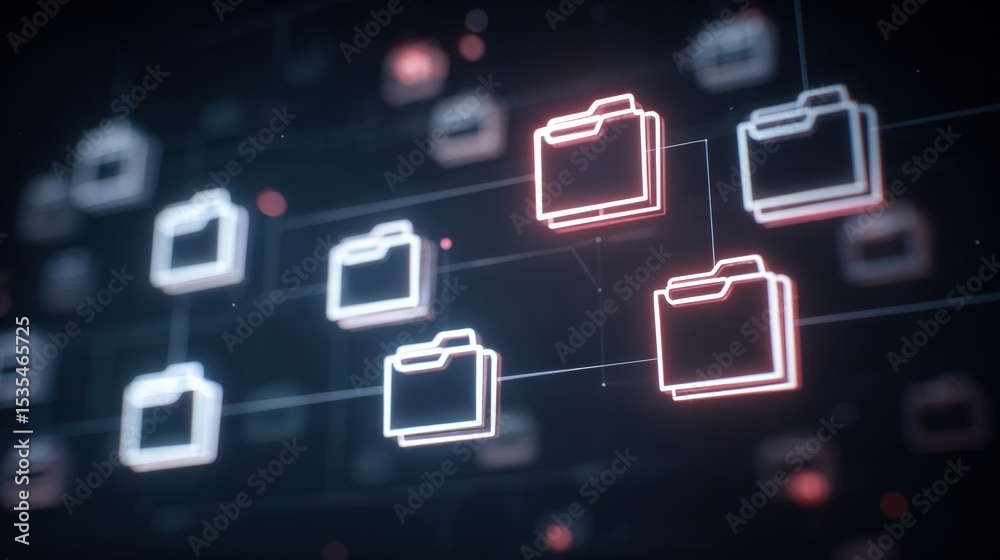 Poster abstract network grid with files and folders, futuristic software interface, digital document manage