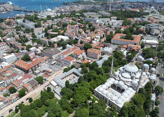 A drone view of the Historical Sehzade Mosque and Complex in Istanbul, Turkey