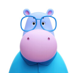 Naklejka premium Cartoon hippo with glasses and blue shirt facing forward
