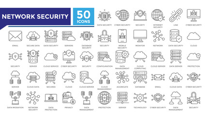 Network security lineal icon set collection. This set includes cloud computing, data center, database, hosting and more icons in 
lineal style. Vector icons collection for websites and infographics