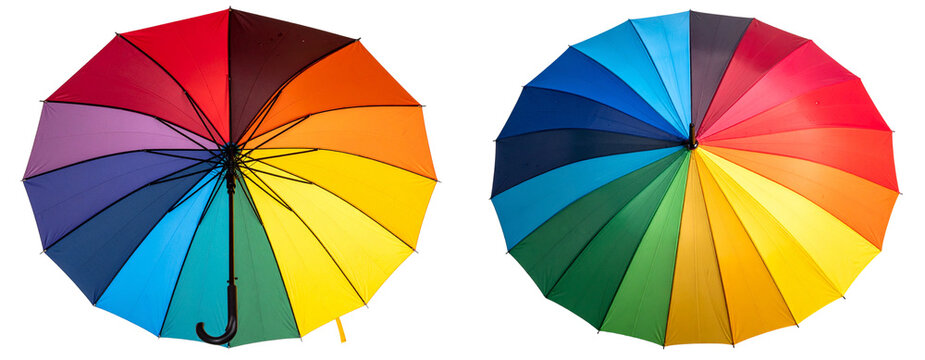 Colorful Open Umbrella with Raindrops, top-down view, isolated on a transparent background.
