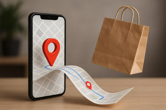 Delivery tracking app: pinpointing your order's location on a virtual map from your device to your doorstep with a shopping bag.