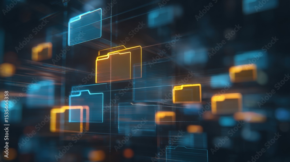 Poster abstract network grid with files and folders, futuristic software interface, digital document manage