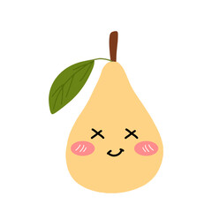 Pear kawaii flat illustration. Stylized vector character with smiling face, sad, cry and variant different expression face. 