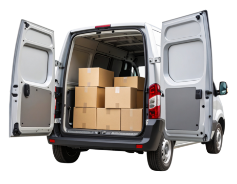 Courier Van with Open Back Doors and Packages, rear angle, isolated on a transparent background.