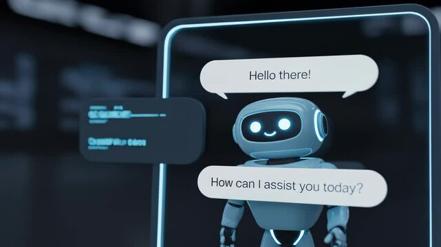 Friendly robot virtual assistant on a digital interface showcasing modern technology ideal for support and assistance themes