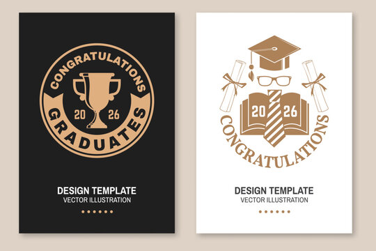 Set of posters and banners for class of 2026 graduation. Congratulations graduates banner sticker card with academic hat for high school or college graduation, diploma, glasses and book. Vector.