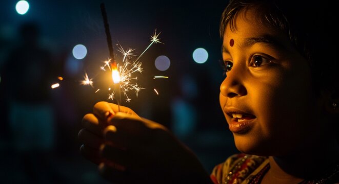 A young girl holds a sparkling firecracker at night festive celebration diwali india child joyful happiness light bright sparks festive event magical - Powered by Adobe