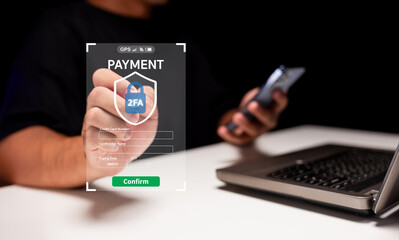 A person secures an online payment using two-factor authentication on a digital interface, with a...