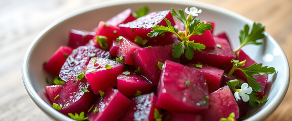 Beetroot salad in a dish, vibrant colors, fresh ingredients, top view, clean background.